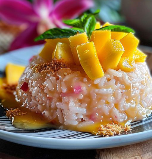 Riz à la rhubarbe et à la mangue